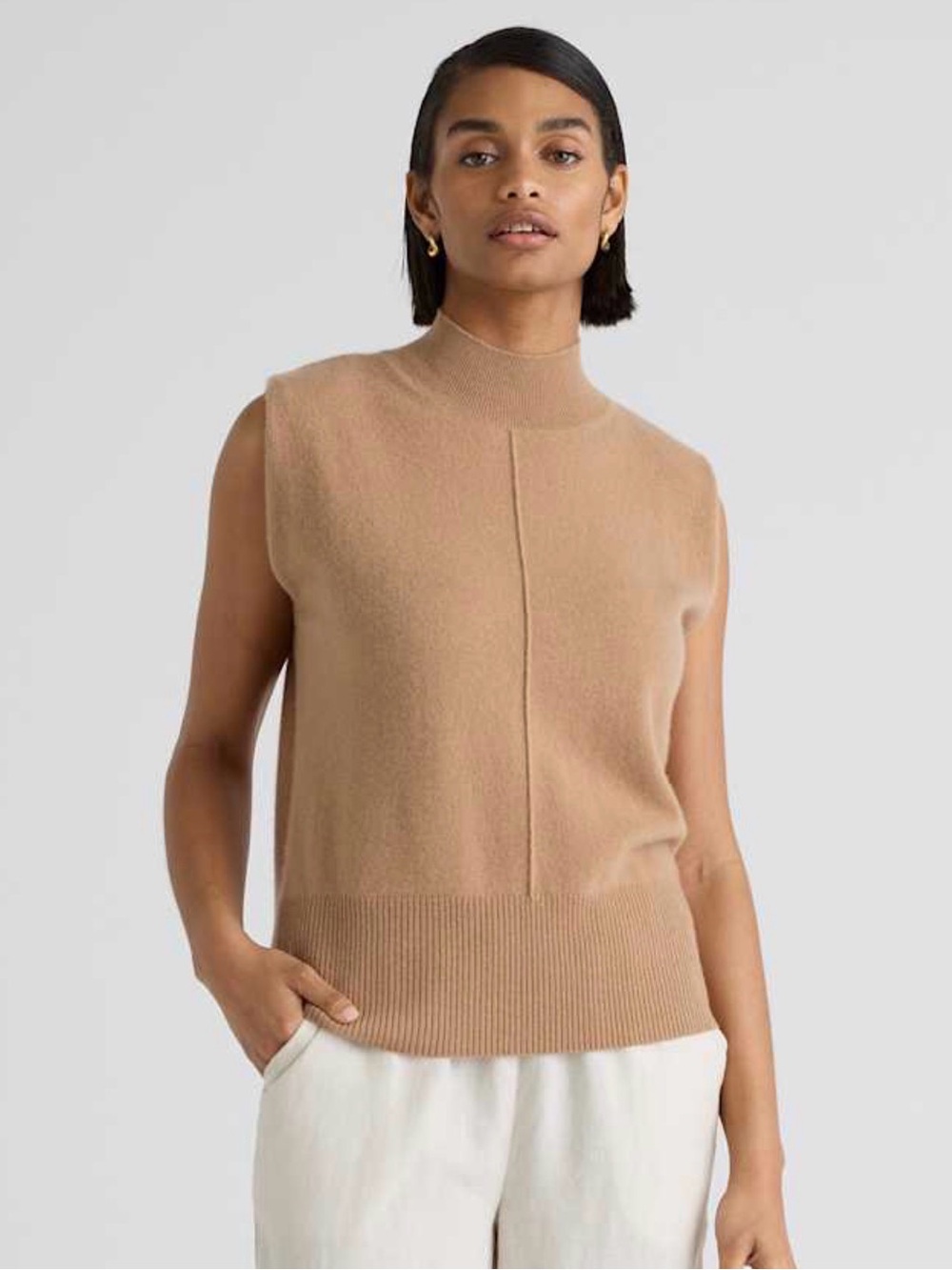 Quince 100% Cashmere Beige Mock Neck Sweater Vest Top XL